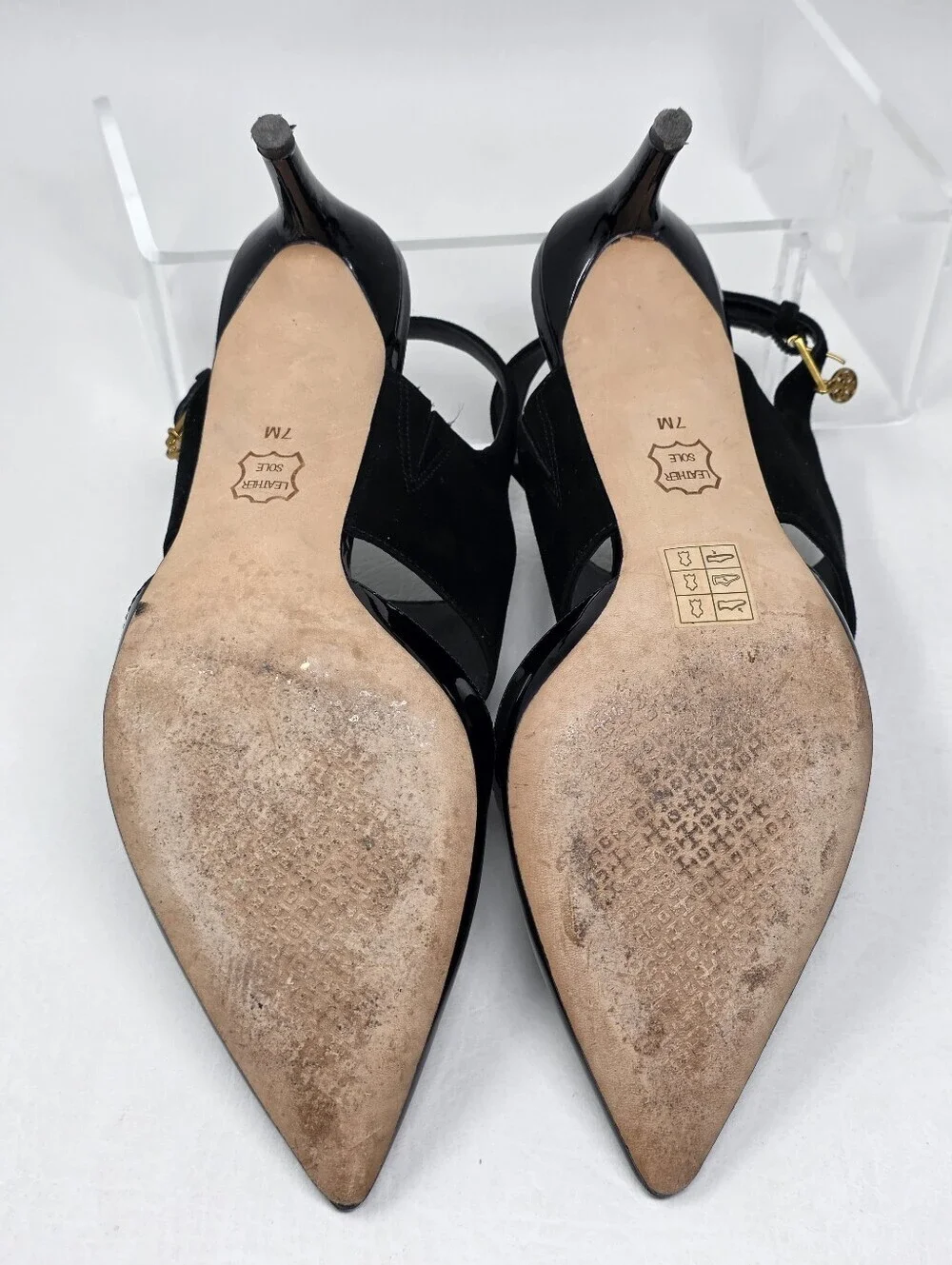 Tory Burch Slingback Pumps Women 7M Black Good Patent Suede Mixed Media Heel
